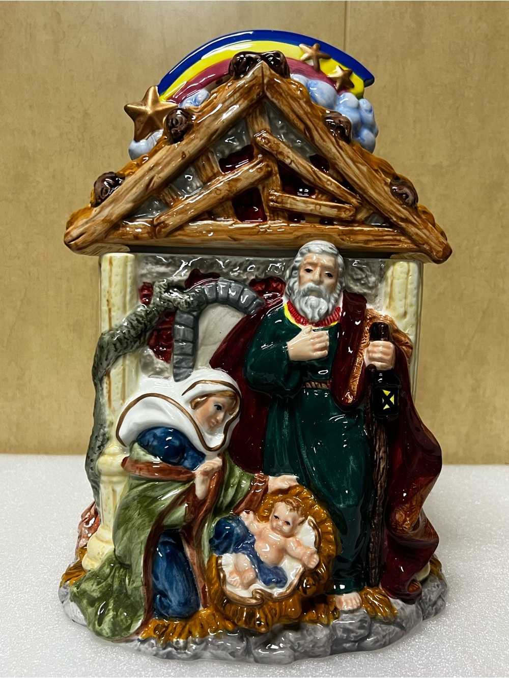 Vintage Christmas Nativity rainbow cookie jar